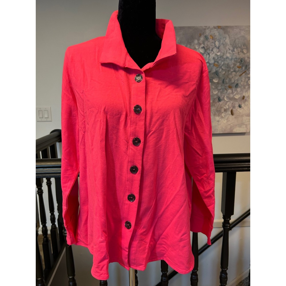 Lulu-B Hot Pink Button Down Tunic Top XL Long Sleeve Cotton Spandex Pleated Back